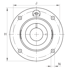 軸承座單元 TME65-214, 帶四個螺栓孔的法蘭的軸承座單元，定心凸出物，鑄鐵，偏心鎖圈，T 型密封